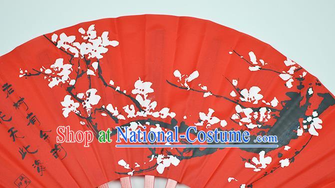 Chinese Handmade Printing Plum Blossom Red Kung Fu Fans Accordion Fan Traditional Decoration Folding Fan