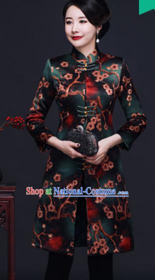 Traditional Chinese Green Silk Cheongsam Coat Mother Tang Suit Stand Collar Overcoat for Women