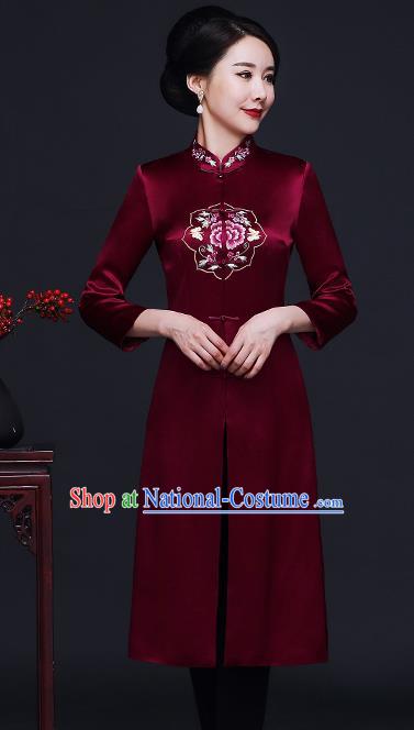 Traditional Chinese Purplish Red Silk Cheongsam Coat Mother Tang Suit Stand Collar Overcoat for Women