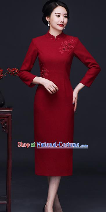 Traditional Chinese Embroidered Red Woolen Cheongsam Mother Tang Suit Qipao Dress for Women