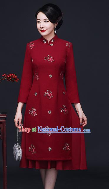 Traditional Chinese Red Woolen Cheongsam Mother Tang Suit Qipao Dress for Women