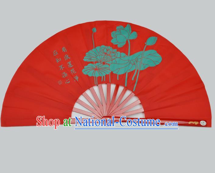 Chinese Handmade Printing Lotus Red Kung Fu Fans Accordion Fan Traditional Decoration Folding Fan