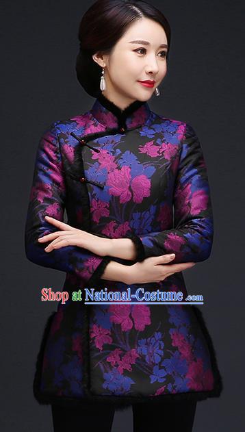 Traditional Chinese Blue Silk Cheongsam Cotton Padded Jacket Mother Tang Suit Stand Collar Overcoat for Women