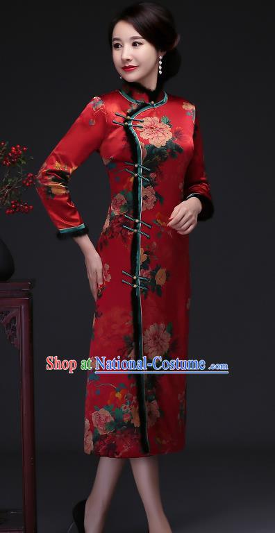 Traditional Chinese Red Silk Winter Cheongsam Mother Tang Suit Qipao Dress for Women