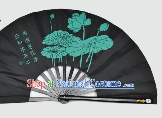 Chinese Handmade Printing Lotus Black Kung Fu Fans Accordion Fan Traditional Decoration Folding Fan