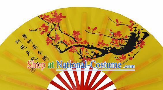 Chinese Handmade Printing Plum Blossom Yellow Kung Fu Fans Accordion Fan Traditional Decoration Folding Fan