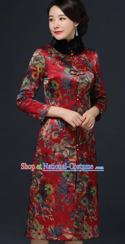 Traditional Chinese Printing Red Silk Winter Cheongsam Mother Tang Suit Qipao Dress for Women