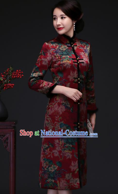 Traditional Chinese Purplish Red Silk Winter Cheongsam Mother Tang Suit Qipao Dress for Women