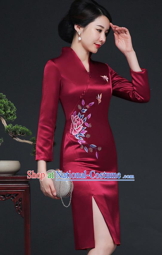 Traditional Chinese Embroidered Butterfly Wine Red Silk Cheongsam Mother Tang Suit Qipao Dress for Women