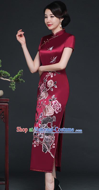 Traditional Chinese Embroidered Peony Purplish Red Silk Cheongsam Mother Tang Suit Qipao Dress for Women