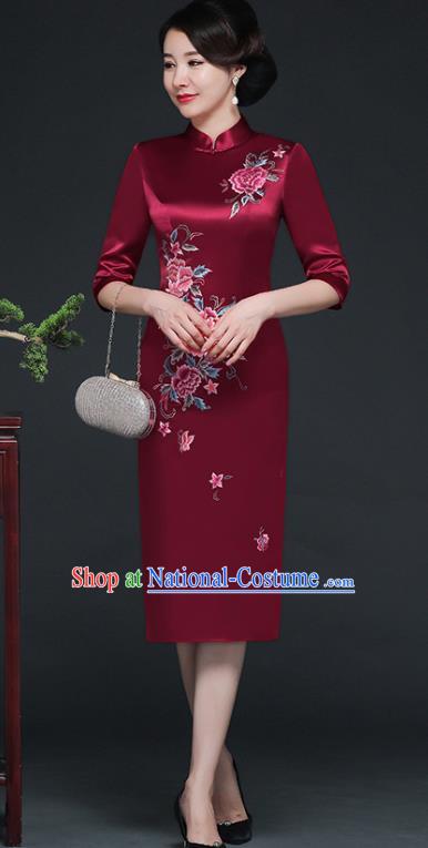 Traditional Chinese Embroidered Peony Purplish Red Silk Short Cheongsam Mother Tang Suit Qipao Dress for Women