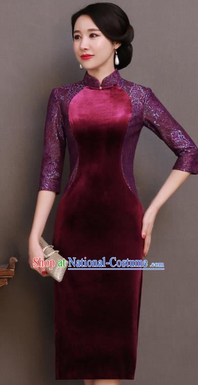 Traditional Chinese Wine Red Velvet Cheongsam Mother Tang Suit Qipao Dress for Women