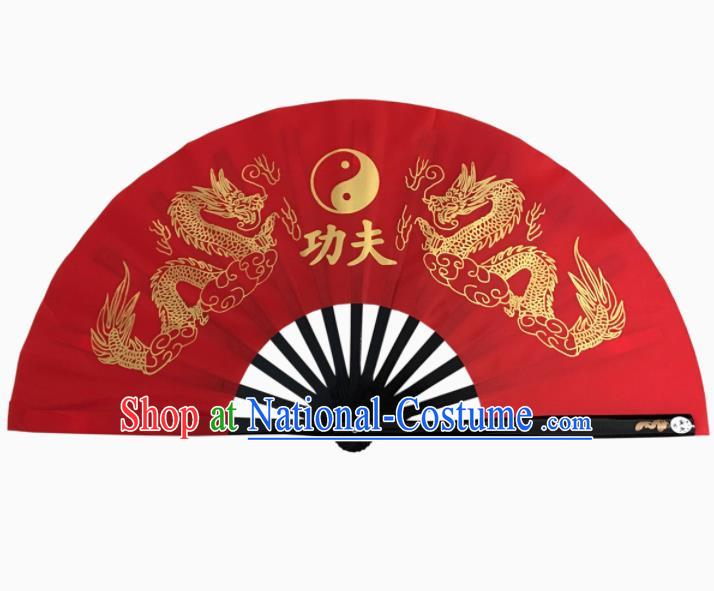 Chinese Handmade Printing Dragon Martial Arts Red Fans Accordion Fan Traditional Kung Fu Folding Fan