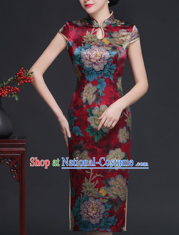 Traditional Chinese Printing Peony Red Silk Cheongsam Mother Tang Suit Qipao Dress for Women