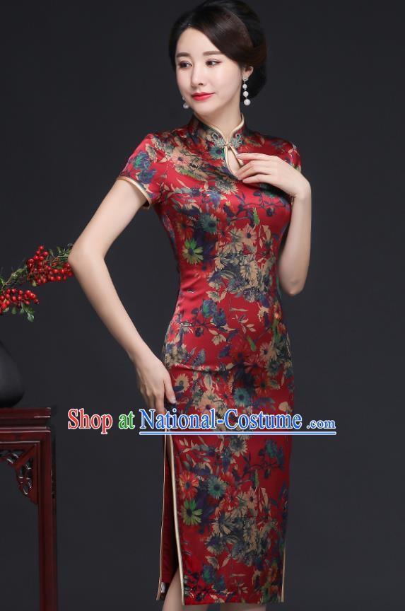 Traditional Chinese Printing Daisy Red Silk Cheongsam Mother Tang Suit Qipao Dress for Women