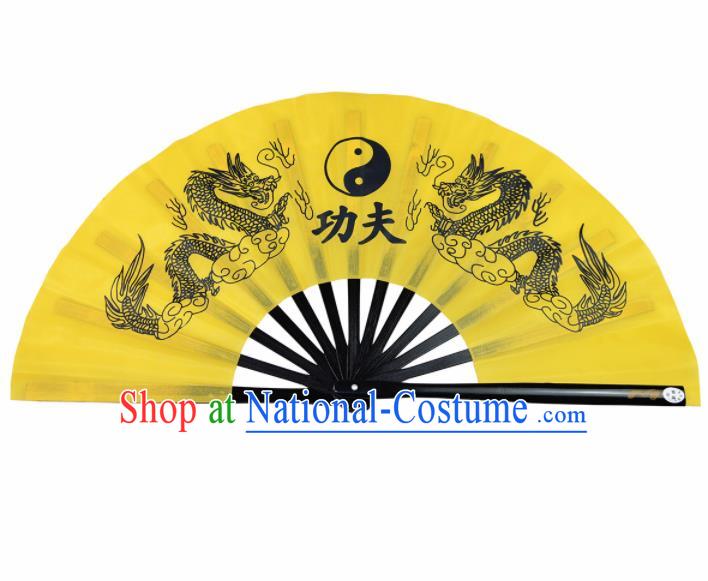 Chinese Handmade Printing Dragon Martial Arts Yellow Fans Accordion Fan Traditional Kung Fu Folding Fan