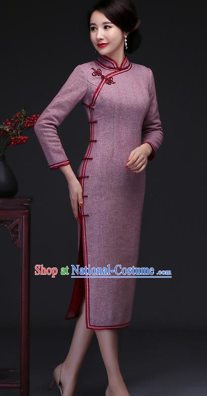 Traditional Chinese Lilac Woolen Cheongsam Mother Tang Suit Qipao Dress for Women