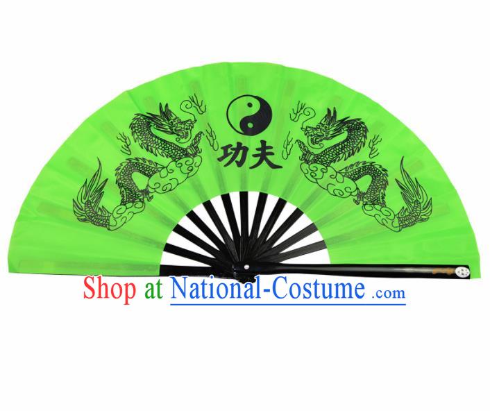 Chinese Handmade Printing Dragon Martial Arts Green Fans Accordion Fan Traditional Kung Fu Folding Fan