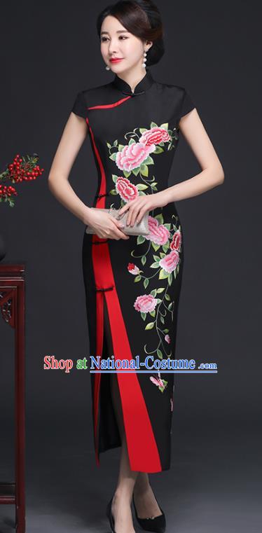 Traditional Chinese Embroidered Peony Black Silk Cheongsam Mother Tang Suit Qipao Dress for Women