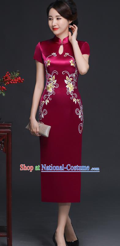 Traditional Chinese Embroidered Wine Red Silk Cheongsam Mother Tang Suit Qipao Dress for Women