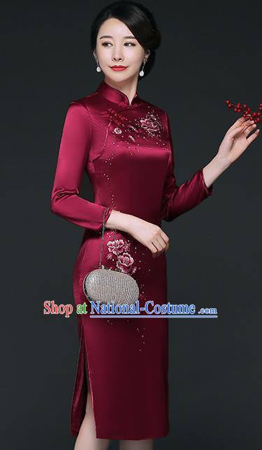 Traditional Chinese Embroidered Roses Wine Red Silk Cheongsam Mother Tang Suit Qipao Dress for Women