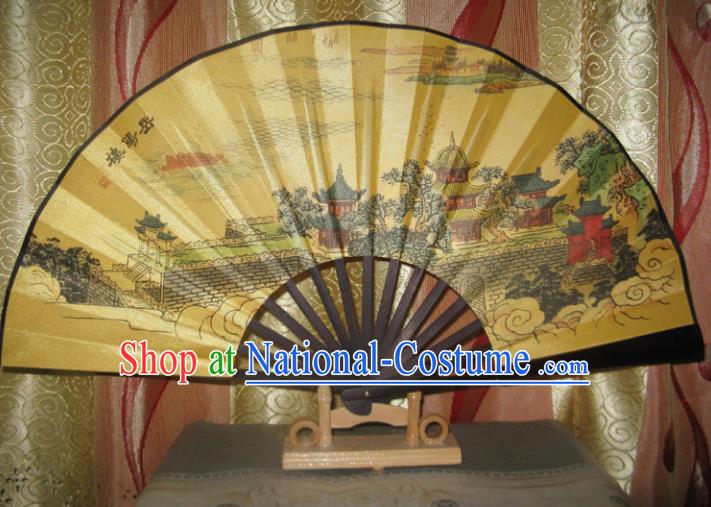 Chinese Handmade Painting Yueyang Tower Yellow Fans Accordion Fan Traditional Decoration Folding Fan