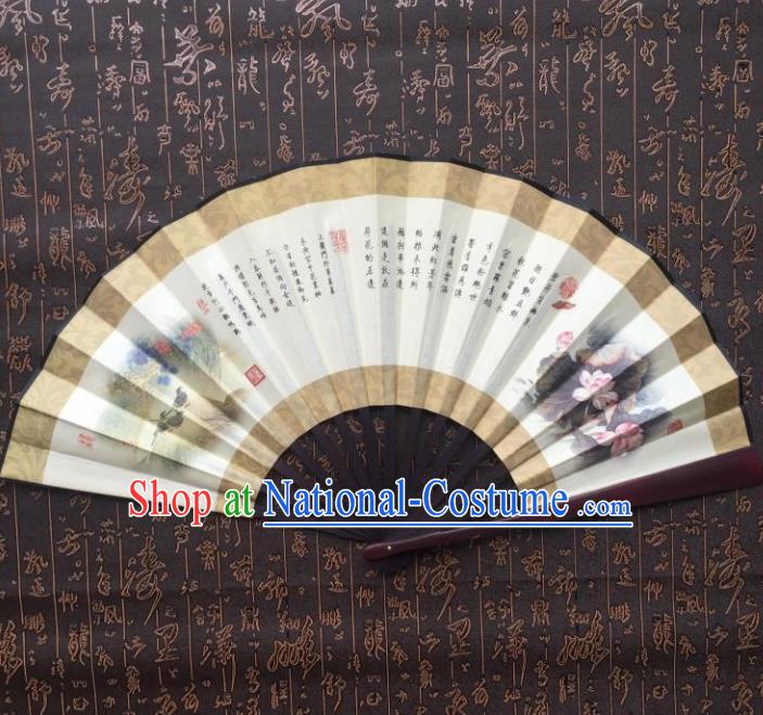 Chinese Handmade Painting Gathering Lotus Seeds Fans Accordion Fan Traditional Decoration Folding Fan