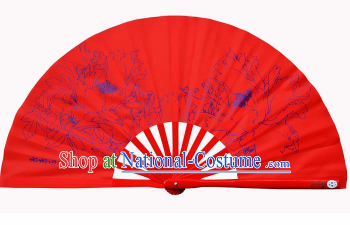 Chinese Handmade Martial Arts Printing Peony Red Fans Accordion Fan Traditional Kung Fu Folding Fan