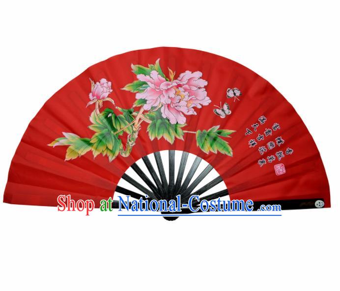 Chinese Handmade Martial Arts Printing Peony Red Fans Accordion Fan Traditional Kung Fu Folding Fan