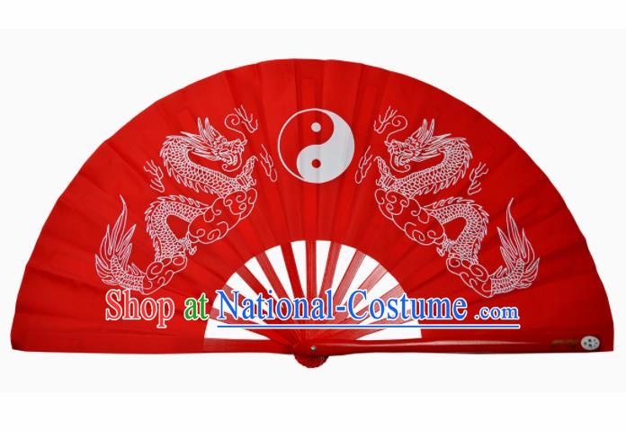 Chinese Handmade Martial Arts Printing Dragons Red Fans Accordion Fan Traditional Kung Fu Folding Fan