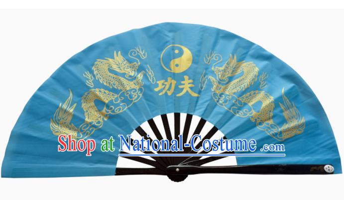 Chinese Handmade Martial Arts Printing Dragons Blue Fans Accordion Fan Traditional Kung Fu Folding Fan