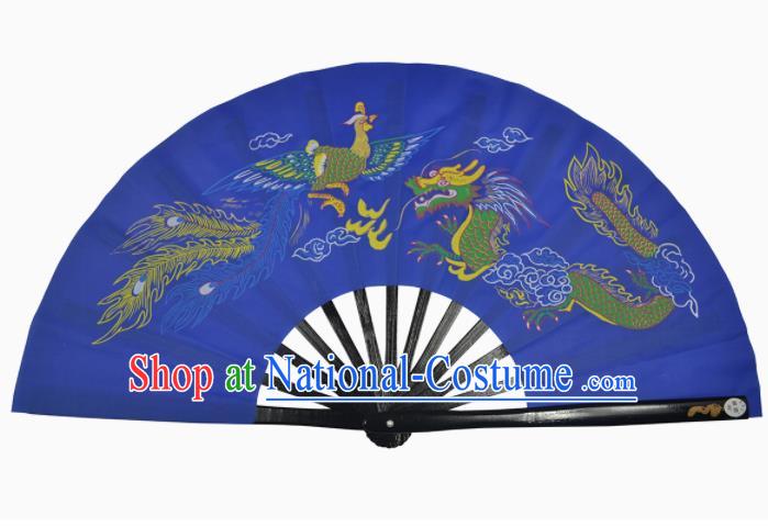 Chinese Handmade Martial Arts Printing Dragon Phoenix Blue Silk Fans Accordion Fan Traditional Kung Fu Folding Fan