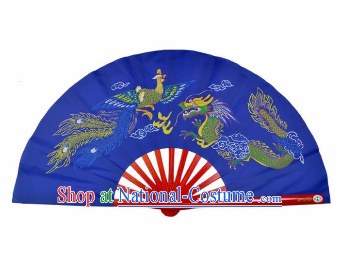 Chinese Handmade Martial Arts Printing Dragon Phoenix Royalblue Silk Fans Accordion Fan Traditional Kung Fu Folding Fan