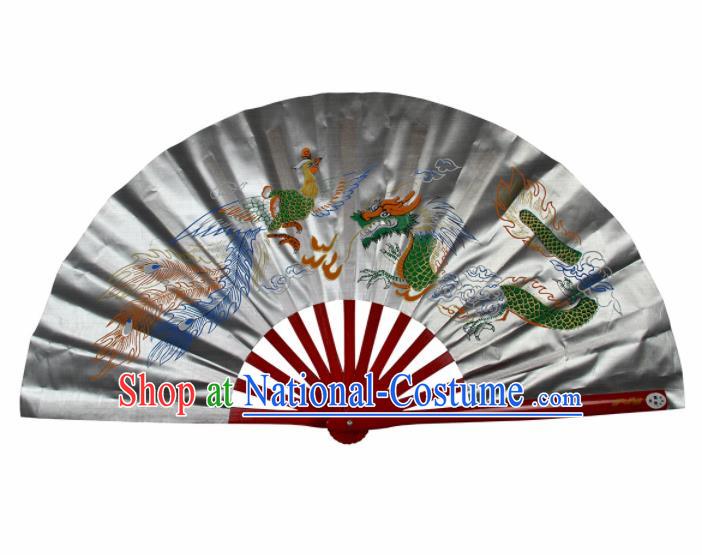 Chinese Handmade Martial Arts Printing Dragon Phoenix Grey Silk Fans Accordion Fan Traditional Kung Fu Folding Fan