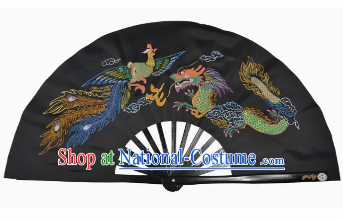 Chinese Handmade Martial Arts Printing Dragon Phoenix Black Silk Fans Accordion Fan Traditional Kung Fu Folding Fan