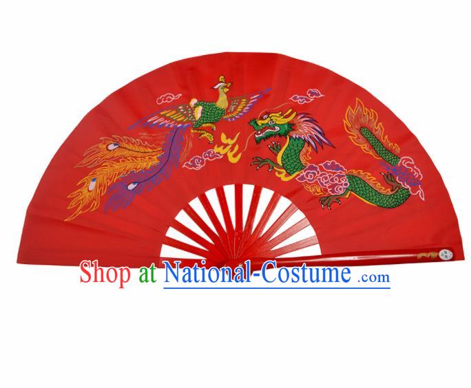 Chinese Handmade Martial Arts Printing Dragon Phoenix Red Silk Fans Accordion Fan Traditional Kung Fu Folding Fan