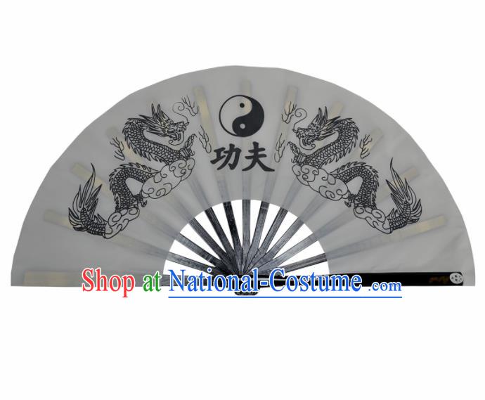 Chinese Handmade Martial Arts Printing Dragons Grey Silk Fans Accordion Fan Traditional Kung Fu Folding Fan