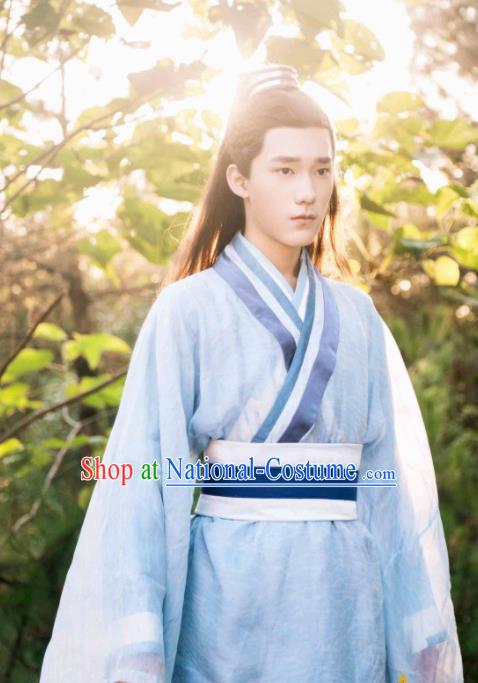 Ancient Chinese Nobility Childe Blue Hanfu Clothing Drama Jia Feng Xu Huang Swordsman Costumes for Men