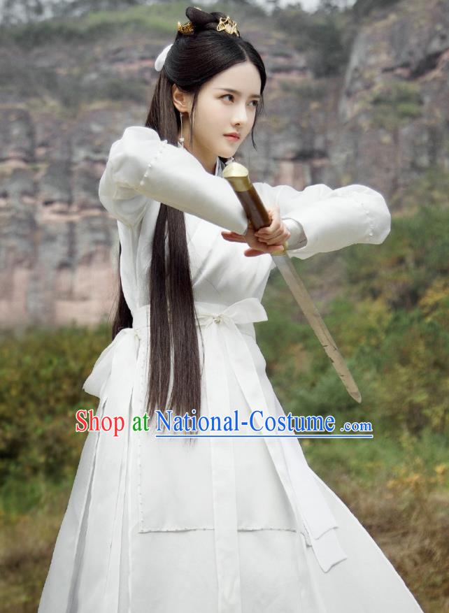 Chinese Ancient Female Swordsman Drama Love and Destiny Qing Yao Zhang Zhi Xi White Costumes and Headpiece for Women