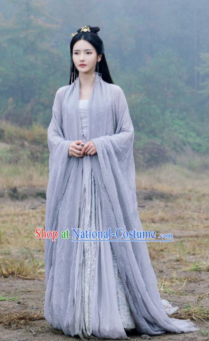 Chinese Ancient Goddess Swordswoman Drama Love and Destiny Qing Yao Zhang Zhi Xi Blue Costumes and Headpiece for Women