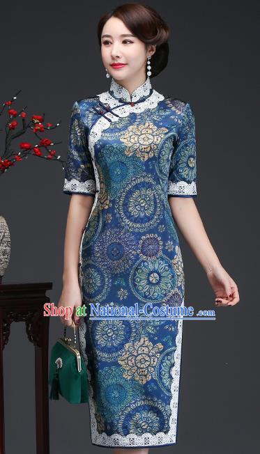 Traditional Chinese Printing Blue Silk Cheongsam Mother Tang Suit Qipao Dress for Women