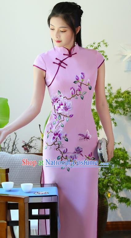 Traditional Chinese Embroidered Magnolia Pink Silk Cheongsam Mother Tang Suit Qipao Dress for Women