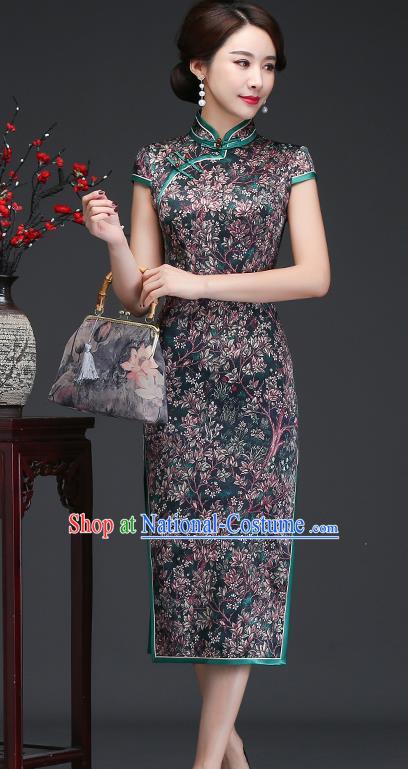 Traditional Chinese Printing Deep Green Silk Cheongsam Mother Tang Suit Qipao Dress for Women