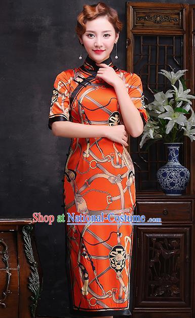 Traditional Chinese Printing Orange Silk Cheongsam Mother Tang Suit Qipao Dress for Women