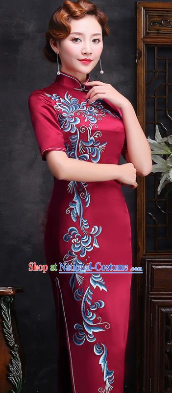 Traditional Chinese Printing Wine Red Silk Cheongsam Mother Tang Suit Qipao Dress for Women