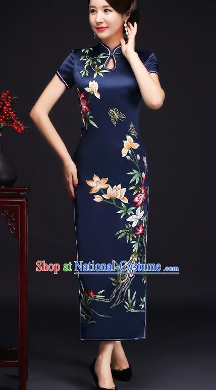 Traditional Chinese Embroidered Flowers Royalblue Silk Cheongsam Mother Tang Suit Qipao Dress for Women