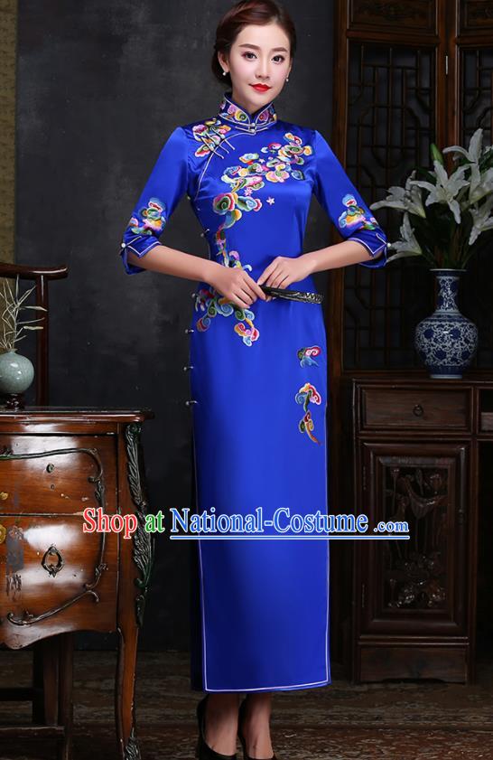 Traditional Chinese Embroidered Clouds Royalblue Silk Cheongsam Mother Tang Suit Qipao Dress for Women