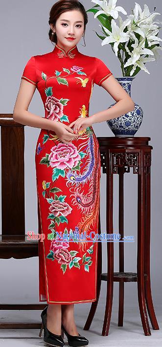 Traditional Chinese Embroidered Phoenix Peony Red Silk Cheongsam Mother Tang Suit Qipao Dress for Women