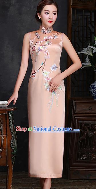 Traditional Chinese Embroidered Plum Champagne Silk Cheongsam Mother Tang Suit Qipao Dress for Women