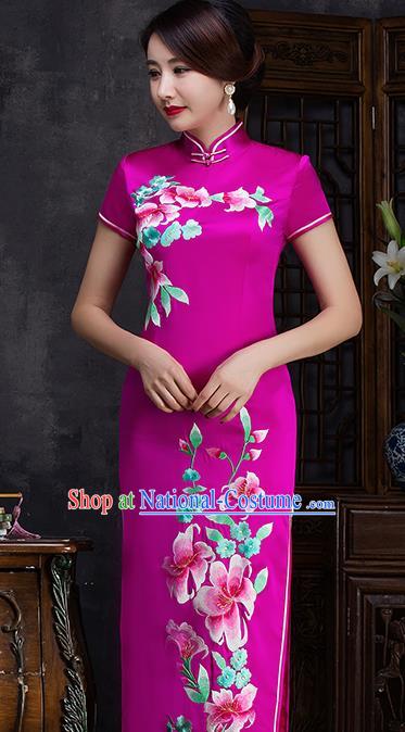 Traditional Chinese Embroidered Flowers Rosy Silk Cheongsam Mother Tang Suit Qipao Dress for Women